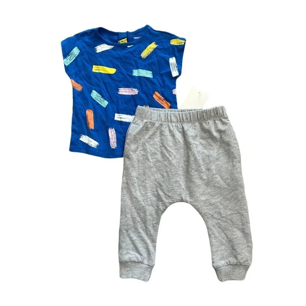 Open Edit Blue Fun Brush Stroke Colorful Pants Set 18 Months